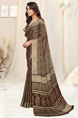Coffee Brown Chiffon Batik Printed Saree With Unstitched Blouse Piece 3
