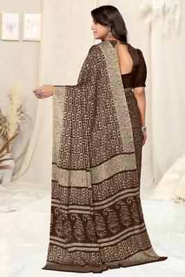 Coffee Brown Chiffon Batik Printed Saree With Unstitched Blouse Piece 4