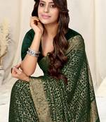 Dark green chiffon batik printed saree with unstitched blouse piece