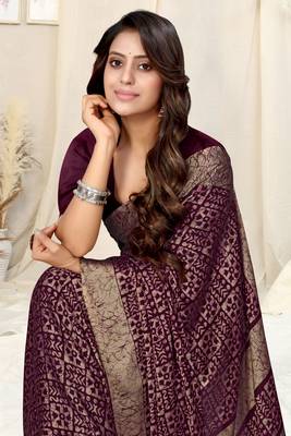 Wine Chiffon Batik Printed Saree With Unstitched Blouse Piece 1