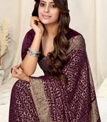 Wine Chiffon Batik Printed Saree With Unstitched Blouse Piece