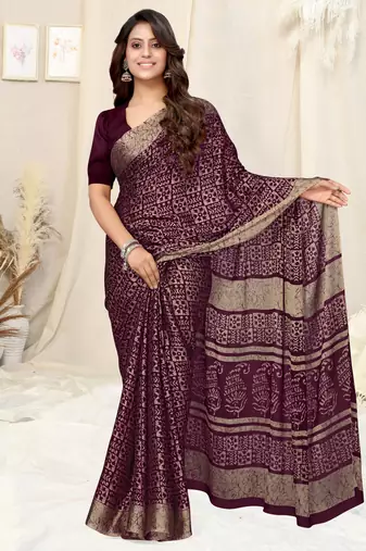 Wine Chiffon Batik Printed Saree With Unstitched Blouse Piece