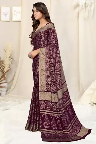 Wine Chiffon Batik Printed Saree With Unstitched Blouse Piece
