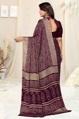 Wine Chiffon Batik Printed Saree With Unstitched Blouse Piece 4