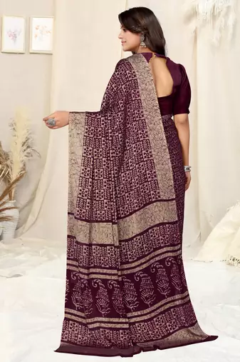 Wine Chiffon Batik Printed Saree With Unstitched Blouse Piece