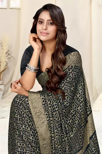 Black Chiffon Batik Printed Saree With Unstitched Blouse Piece