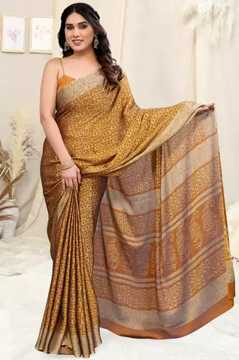 Mustard Chiffon Batik Printed Saree With Unstitched Blouse Piece