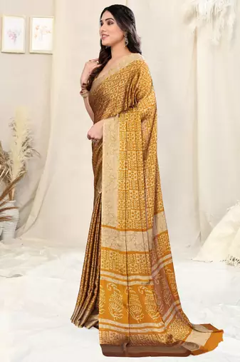 Mustard Chiffon Batik Printed Saree With Unstitched Blouse Piece