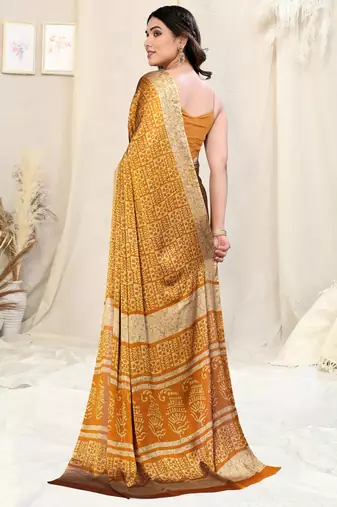 Mustard Chiffon Batik Printed Saree With Unstitched Blouse Piece