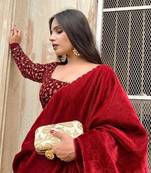 Maroon Plain Velvet Saree With Blouse
