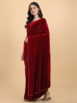 Maroon Plain Velvet Saree With Blouse 2