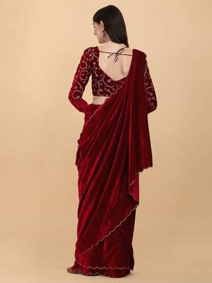 Maroon Plain Velvet Saree With Blouse 3