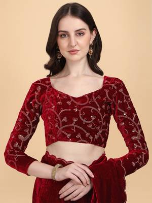 Maroon Plain Velvet Saree With Blouse 4