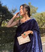 Blue plain velvet saree with blouse