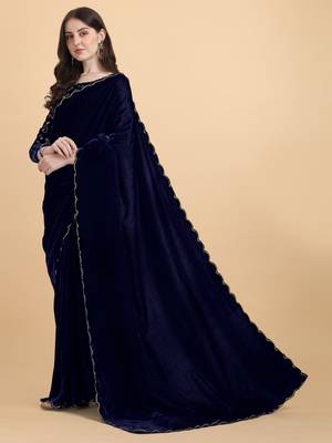 Blue plain velvet saree with blouse 2