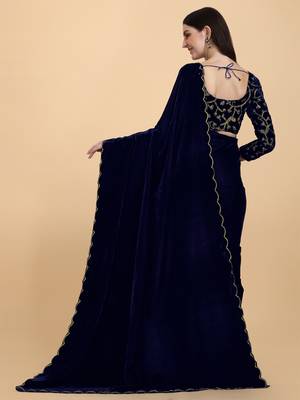 Blue plain velvet saree with blouse 3