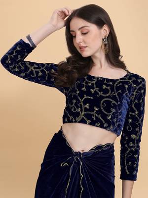 Blue plain velvet saree with blouse 4