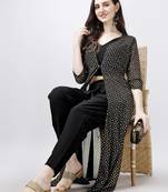 Women   s Foil Printed Flared Ethnic Jacket with Top and Pant Set (Black) (MAK71)