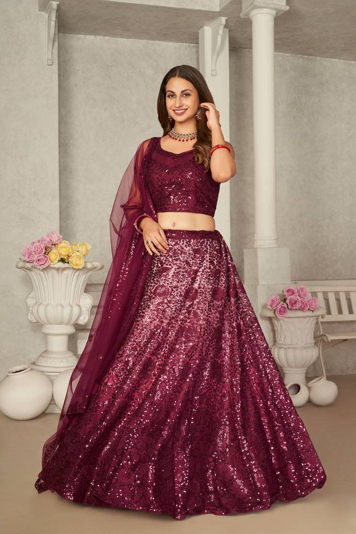 DAZZLING MAHROON EMBROIDERED WORK ART SILK BRIDESMAID LEHENGA CHOLI