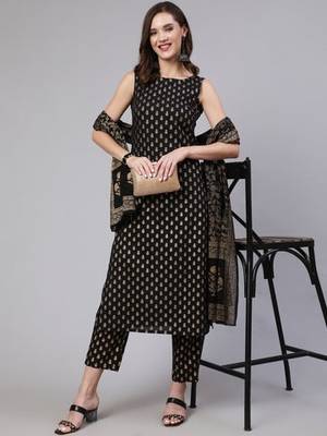 Womens Rayon Gold Printed Ethnic Black Sleeveless Kurti With Pant & Banarasi Gold Printed Dupatta Set  1
