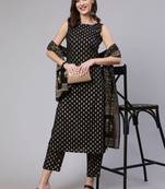 Womens Rayon Gold Printed Ethnic Black Sleeveless Kurti With Pant & Banarasi Gold Printed Dupatta Set 