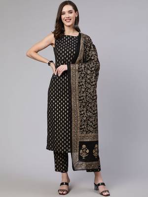 Womens Rayon Gold Printed Ethnic Black Sleeveless Kurti With Pant & Banarasi Gold Printed Dupatta Set  2