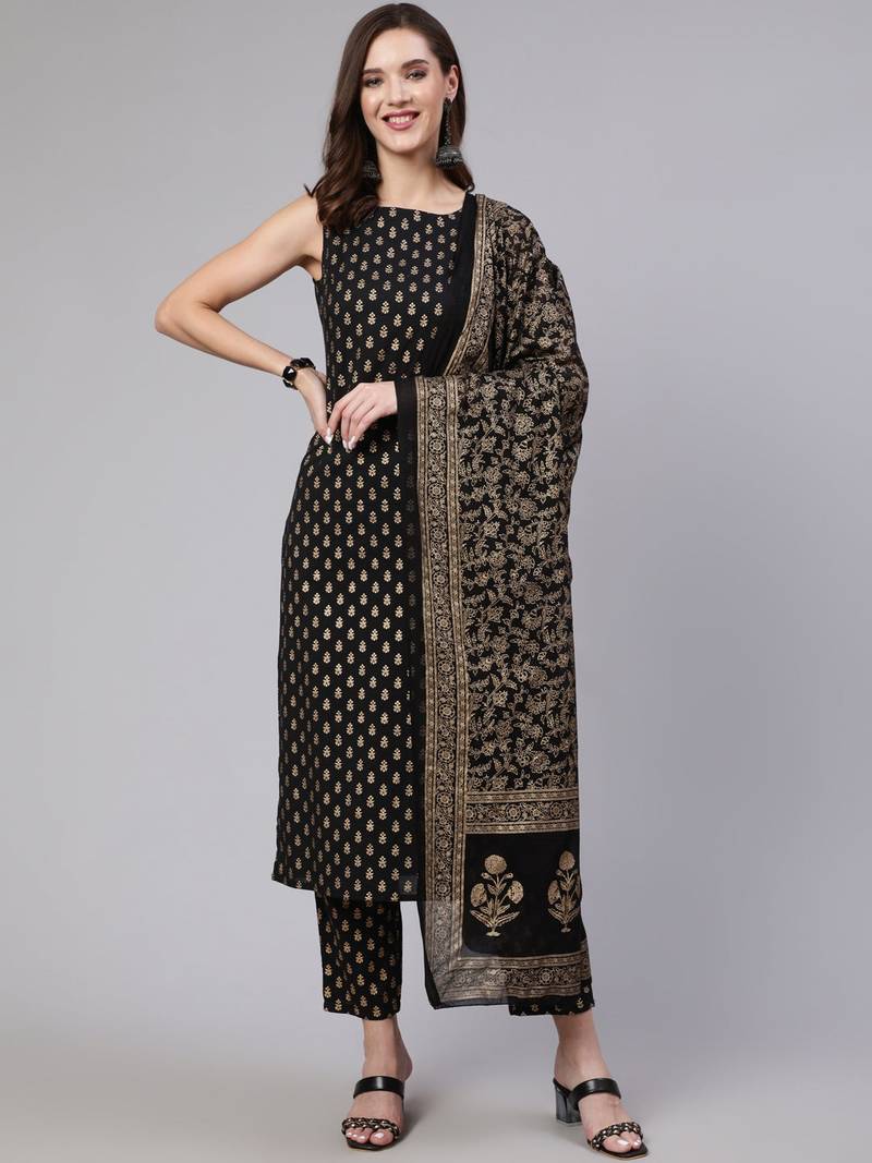 Womens Rayon Gold Printed Ethnic Black Sleeveless Kurti With Pant & Banarasi Gold Printed Dupatta Set 