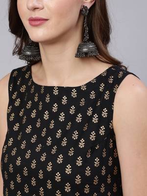 Womens Rayon Gold Printed Ethnic Black Sleeveless Kurti With Pant & Banarasi Gold Printed Dupatta Set  3