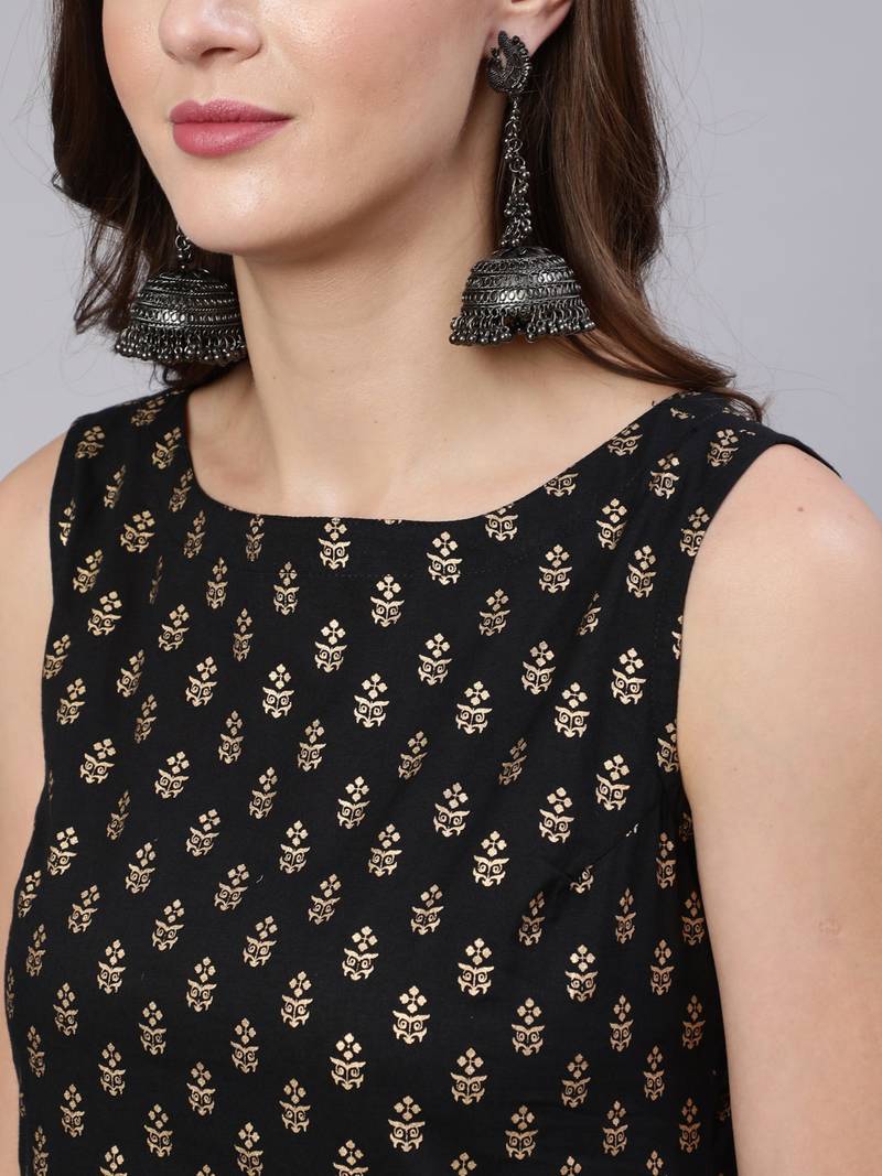 Womens Rayon Gold Printed Ethnic Black Sleeveless Kurti With Pant & Banarasi Gold Printed Dupatta Set 