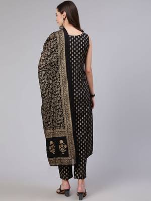 Womens Rayon Gold Printed Ethnic Black Sleeveless Kurti With Pant & Banarasi Gold Printed Dupatta Set  5