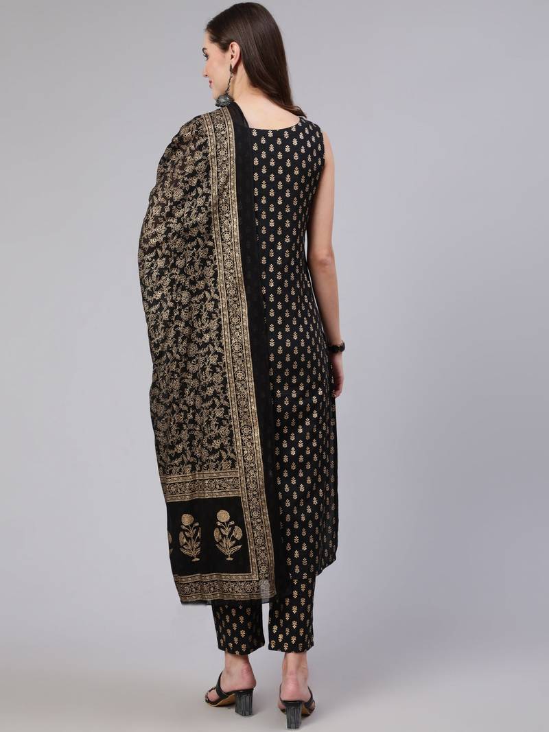 Womens Rayon Gold Printed Ethnic Black Sleeveless Kurti With Pant & Banarasi Gold Printed Dupatta Set 