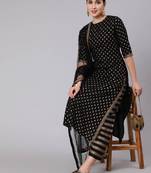 Women's Rayon Gold Printed Ethnic Black Straight Kurti With Pant & Net Dupatta Set, Beautiful Black Printed Kurti Set