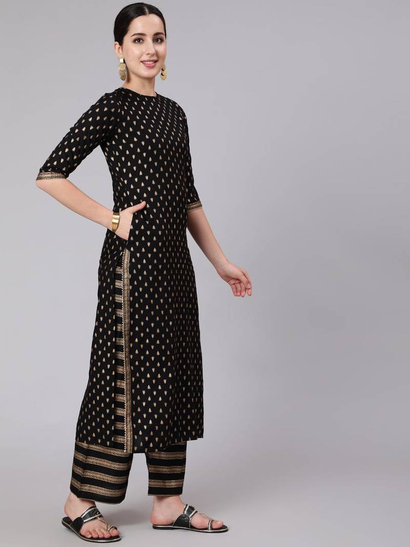 Women's Rayon Gold Printed Ethnic Black Straight Kurti With Pant & Net Dupatta Set, Beautiful Black Printed Kurti Set