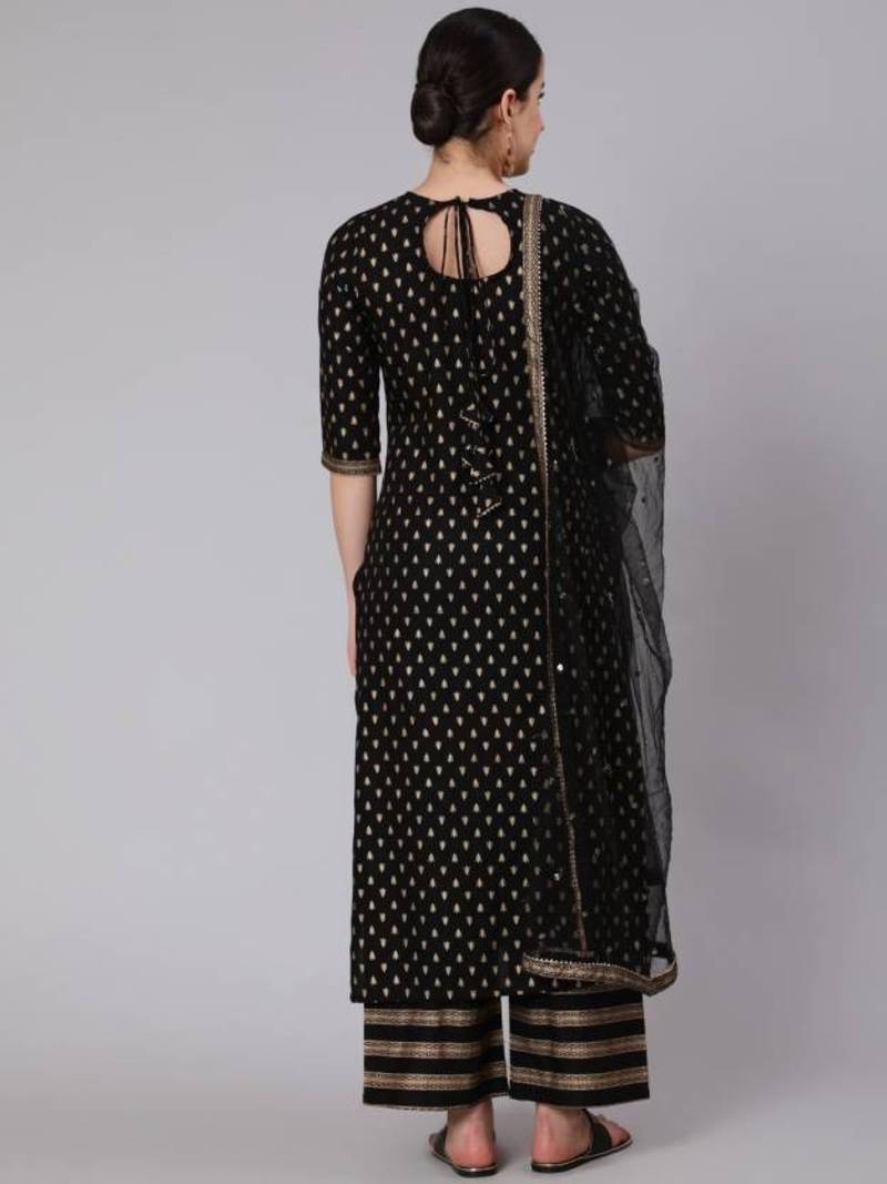 Women's Rayon Gold Printed Ethnic Black Straight Kurti With Pant & Net Dupatta Set, Beautiful Black Printed Kurti Set