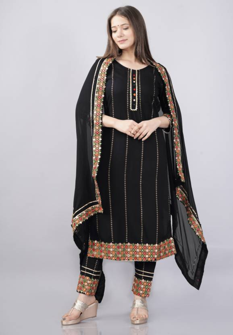 Rayon Printed & Embroidered Designer & Beautiful A-Line Kurti With pant & Dupatta Set