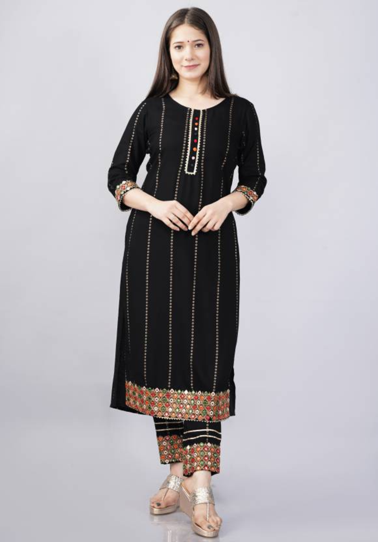Rayon Printed & Embroidered Designer & Beautiful A-Line Kurti With pant & Dupatta Set