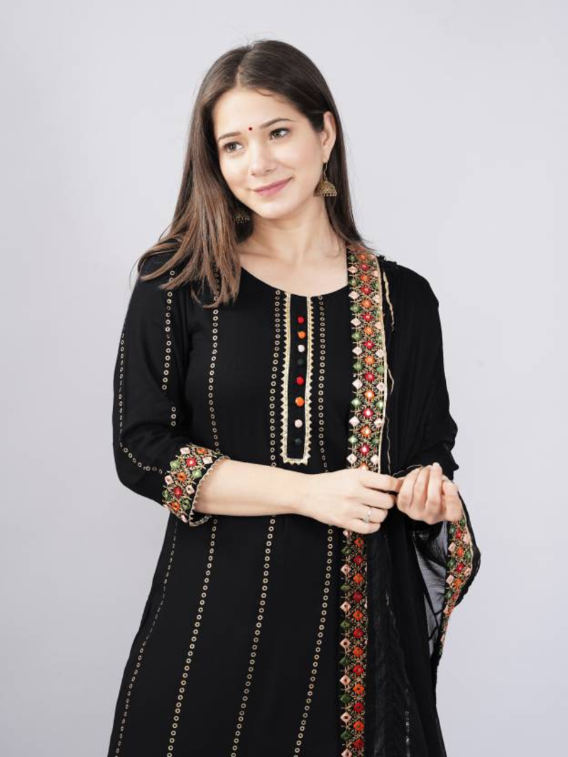 Rayon Printed & Embroidered Designer & Beautiful A-Line Kurti With pant & Dupatta Set
