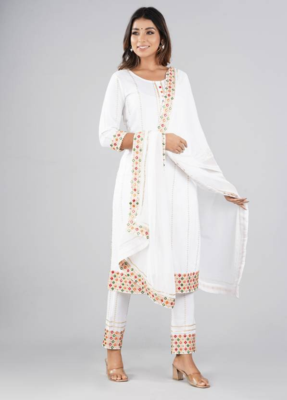 Rayon Printed & Embroidered Designer & Beautiful A Line Kurti With Pant & Dupatta Set 1