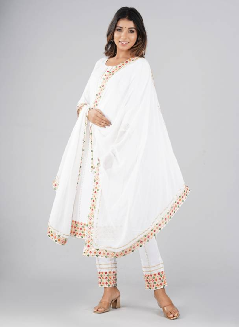 Rayon Printed & Embroidered Designer & Beautiful A Line Kurti With Pant & Dupatta Set