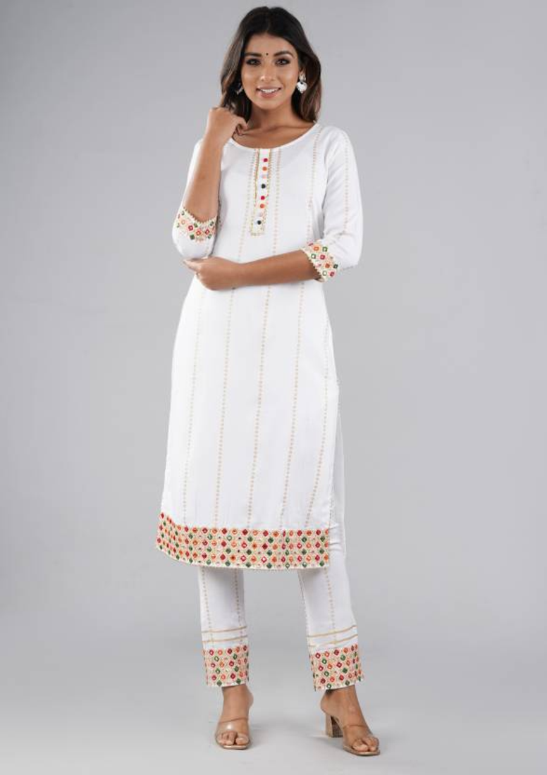 Rayon Printed & Embroidered Designer & Beautiful A Line Kurti With Pant & Dupatta Set