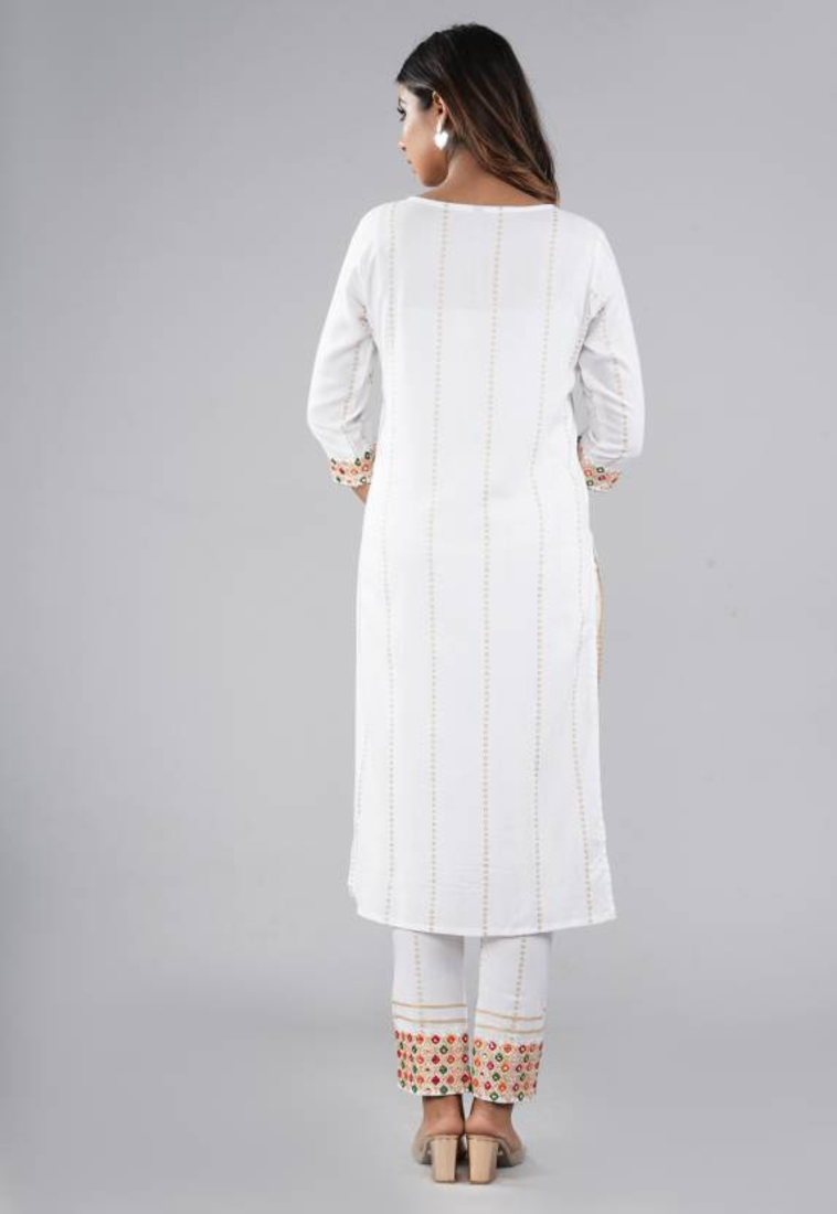 Rayon Printed & Embroidered Designer & Beautiful A Line Kurti With Pant & Dupatta Set