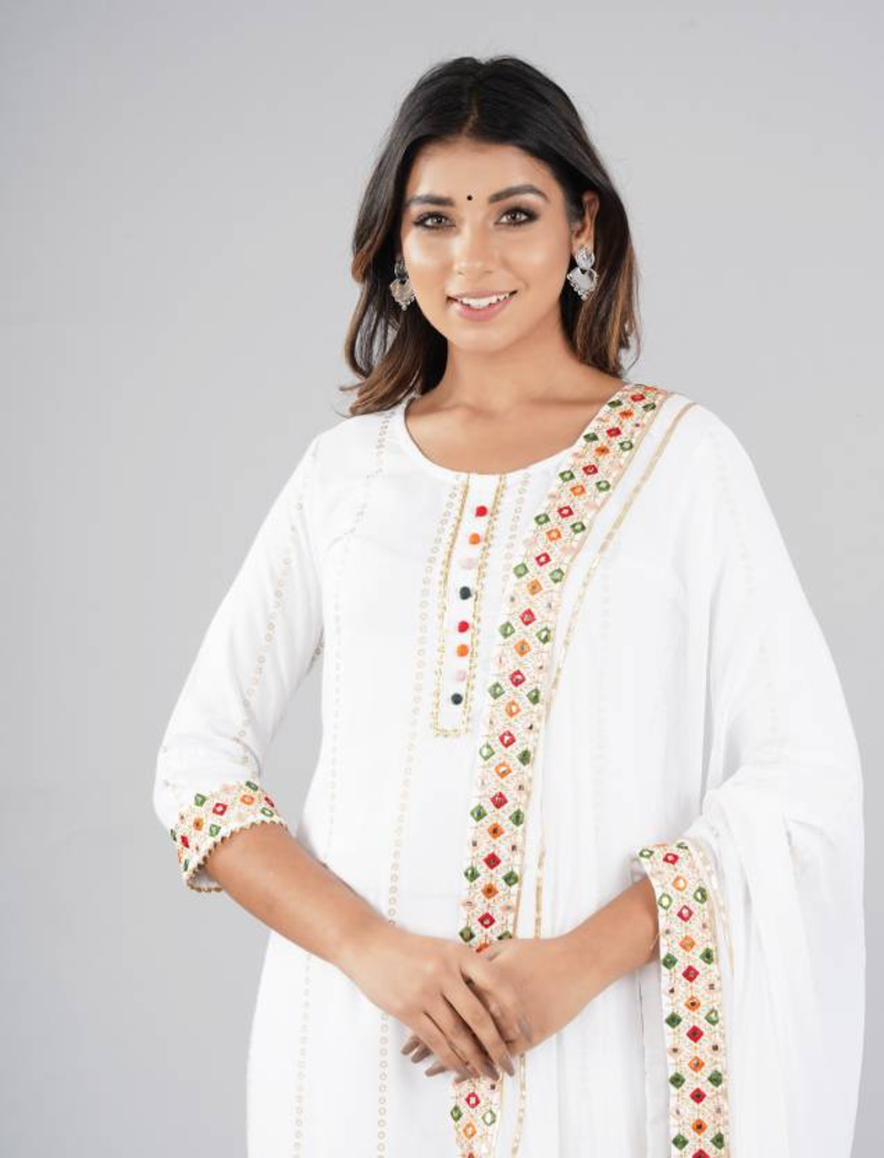 Rayon Printed & Embroidered Designer & Beautiful A Line Kurti With Pant & Dupatta Set