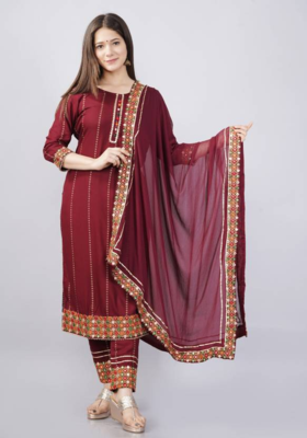 Rayon Printed & Embroidered Designer & Beautiful A Line Kurti With Pant & Dupatta Set 1