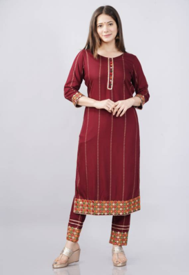 Rayon Printed & Embroidered Designer & Beautiful A Line Kurti With Pant & Dupatta Set 2