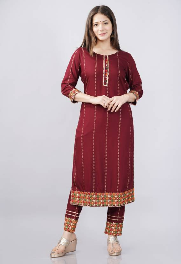 Rayon Printed & Embroidered Designer & Beautiful A Line Kurti With Pant & Dupatta Set