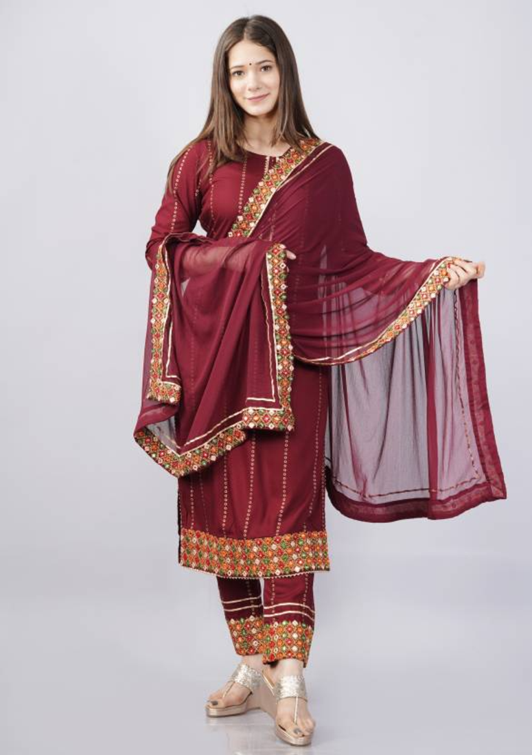 Rayon Printed & Embroidered Designer & Beautiful A Line Kurti With Pant & Dupatta Set