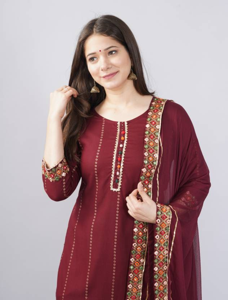 Rayon Printed & Embroidered Designer & Beautiful A Line Kurti With Pant & Dupatta Set