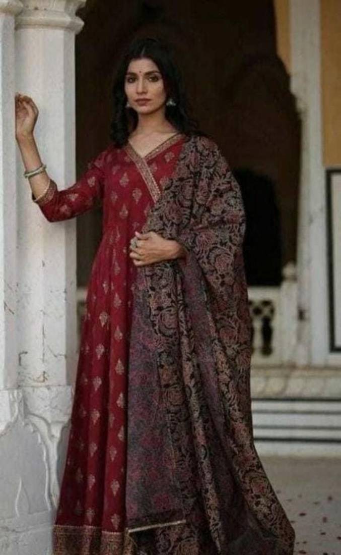 Rayon Self Design D4 INDI Printed Angrakha Designer Kurti With Banarasi Printed Dupatta Set For Womens & Girls