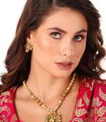 Mansiyaorange matte  gold temple theme lord  ganesha pendant pearl jewellery  set