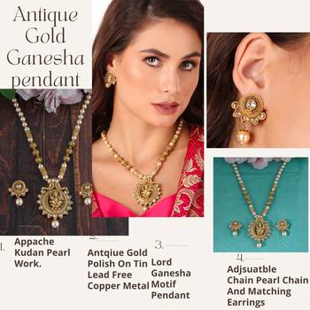 Mansiyaorange matte  gold temple theme lord  ganesha pendant pearl jewellery  set 2